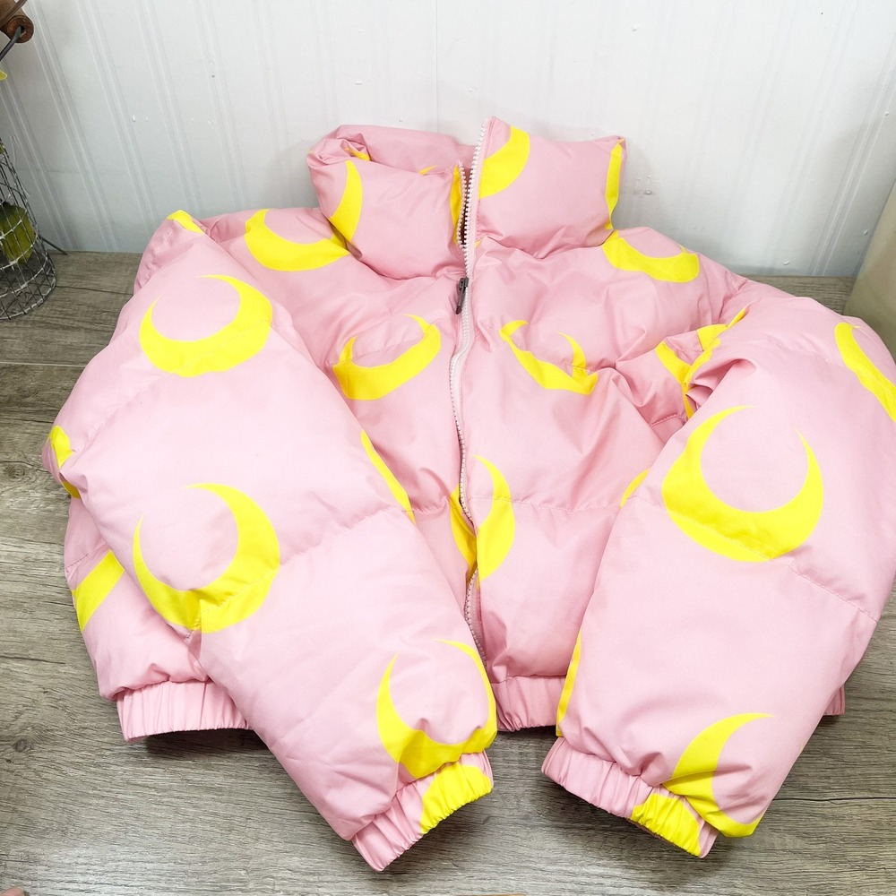 Pink Sailor Moon Puffer Jacket Yellow Moons Celestial Anime Style Coat